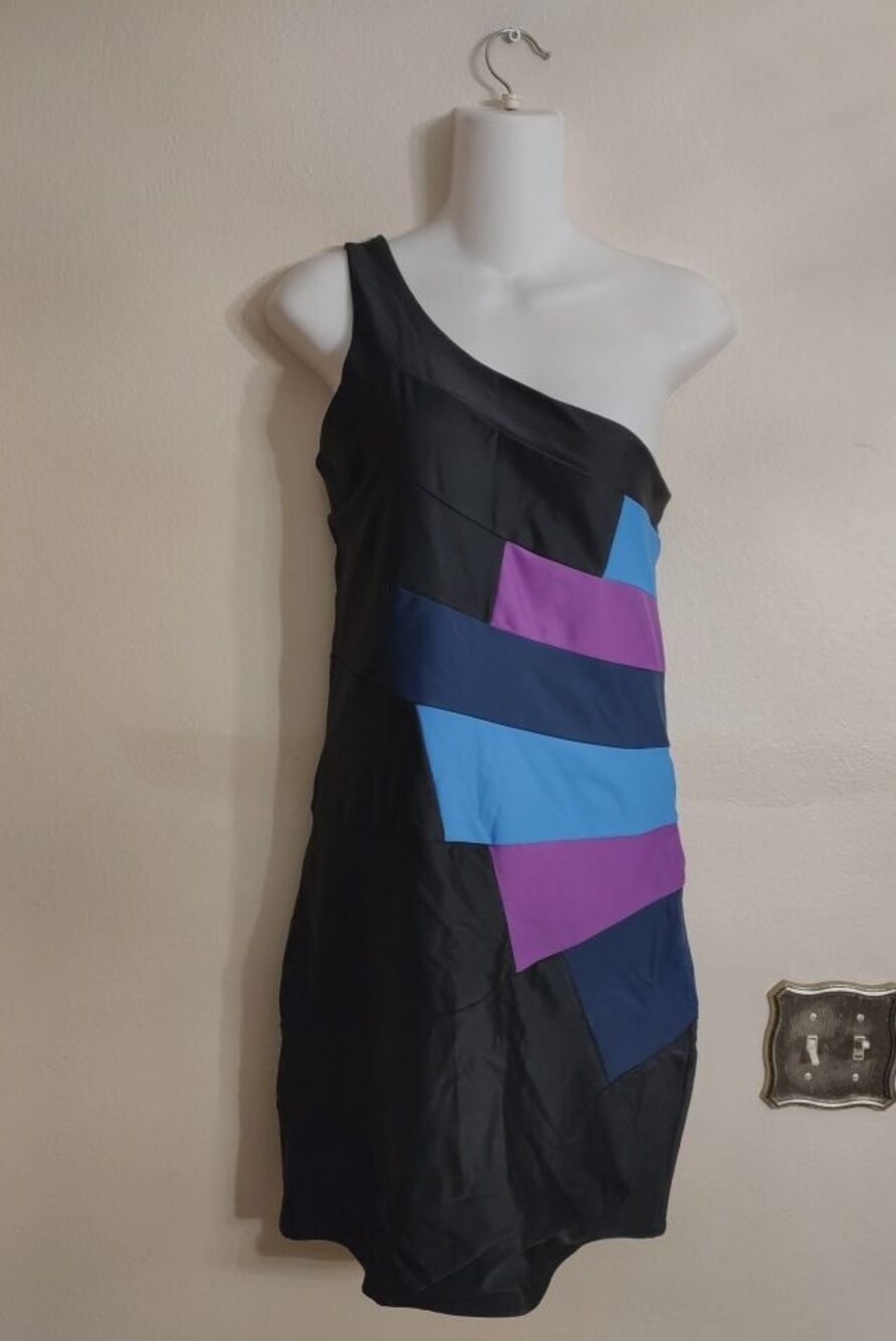 Rare Women Christopher Deane One Shoulder Black Purple Blue Polyester Dress Sz L